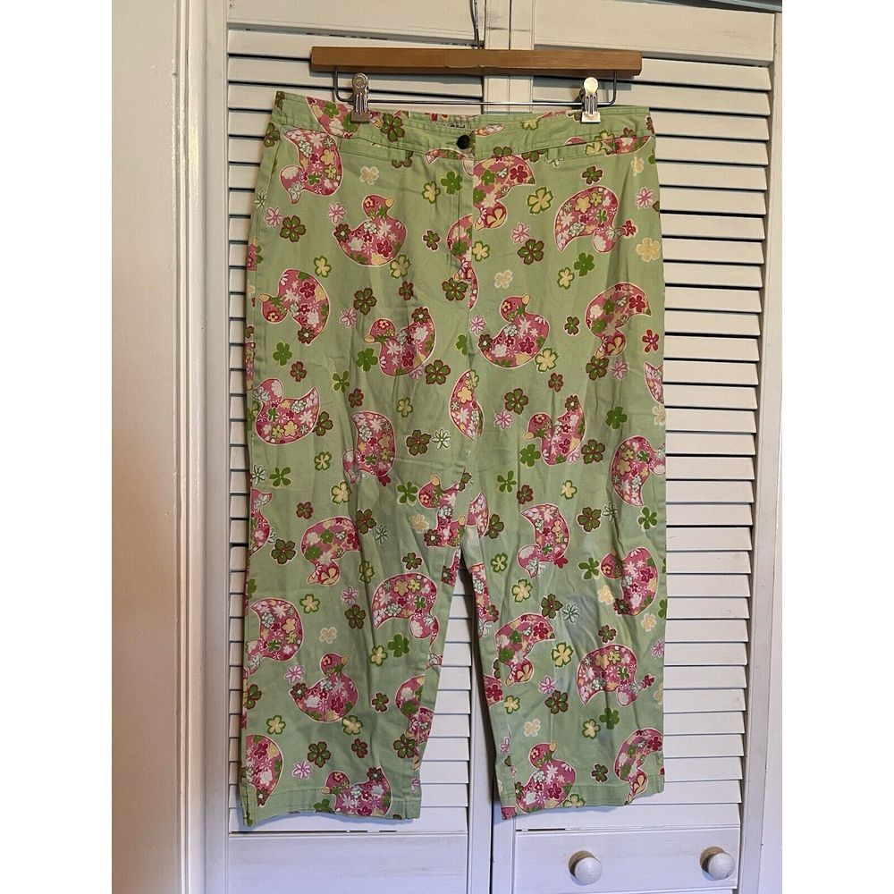 DUCK HEAD Women's Size 14 Pants Green Pink Duck Capri Cropped High Rise Vintage‎